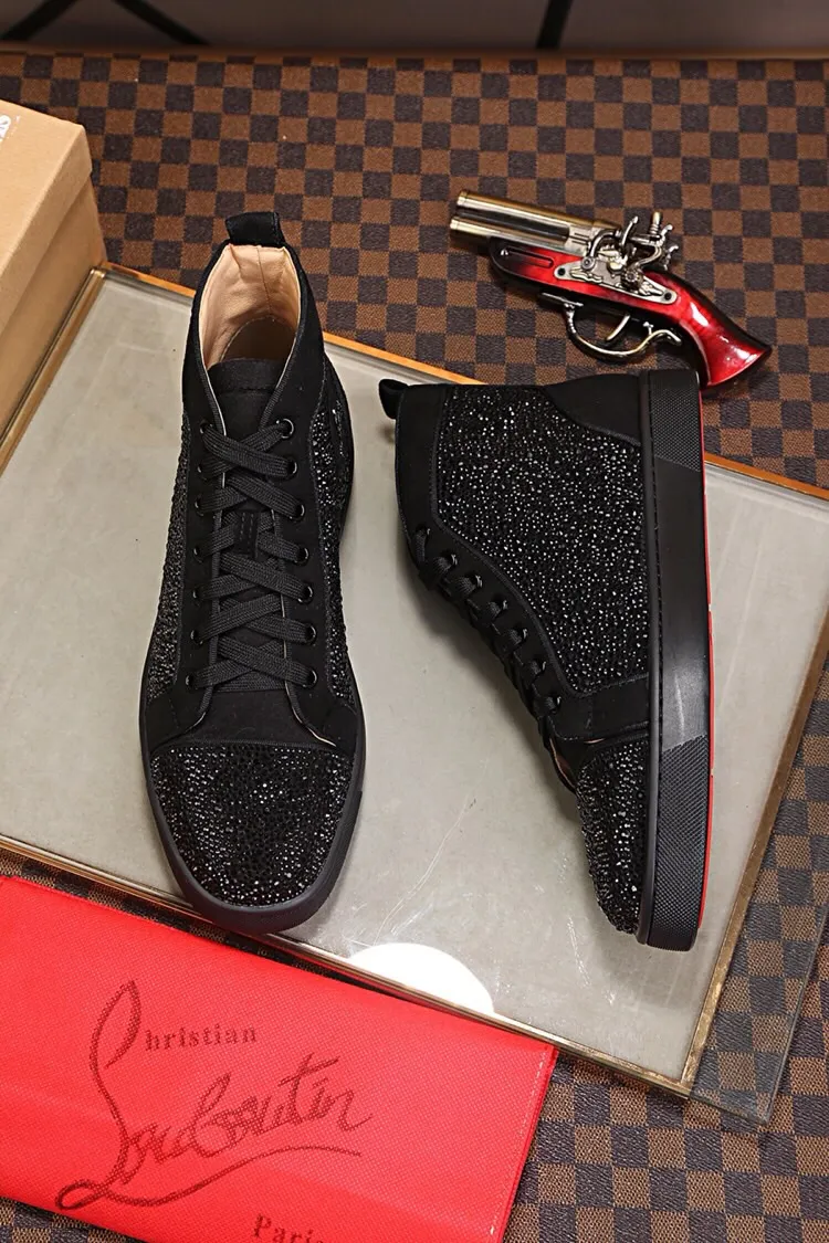Ex-factory price 480. christian louboutin (CL red sole shoes) counter hot diamond series, high-top casual sneakers for couples 📢 📢 📢 Exclusive hot style release 🎈🎈💪 Movable latex feet 👻 Finished outsole sewing line [satisfied] 😝Female 35-40# Male 38#-46, global supply😝 [Top version]: original imported cowhide upper, top original leather lining, original molded TPU outsole, original 1:1 detail processing, original shoe last, large quantity available from stock,